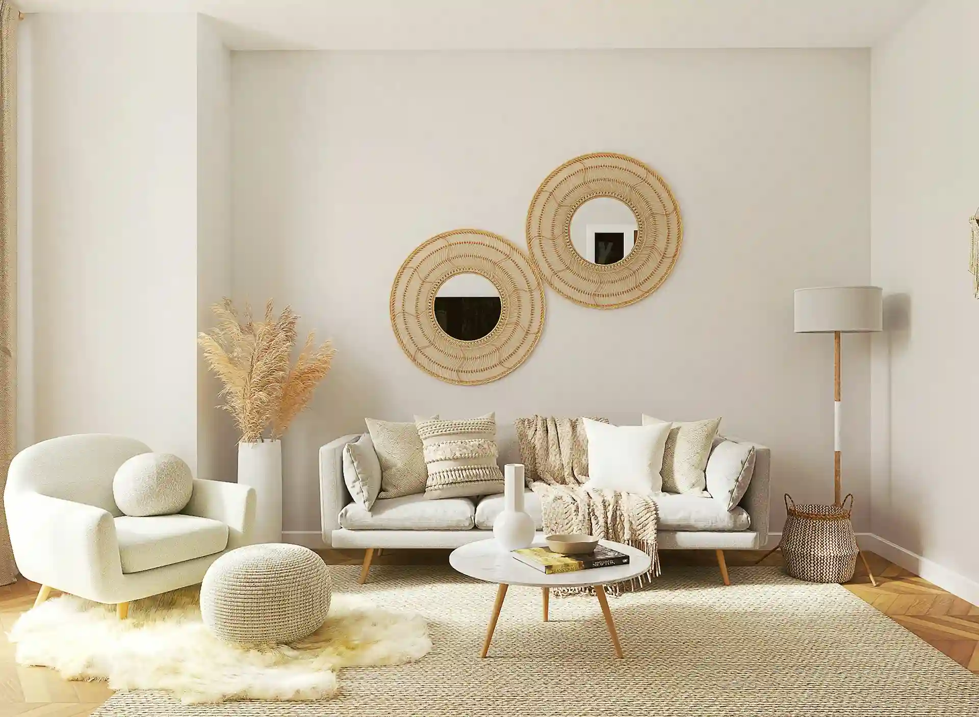 Boho-living-room-design-style-with-rattan-mirrors-and-cream-sofa